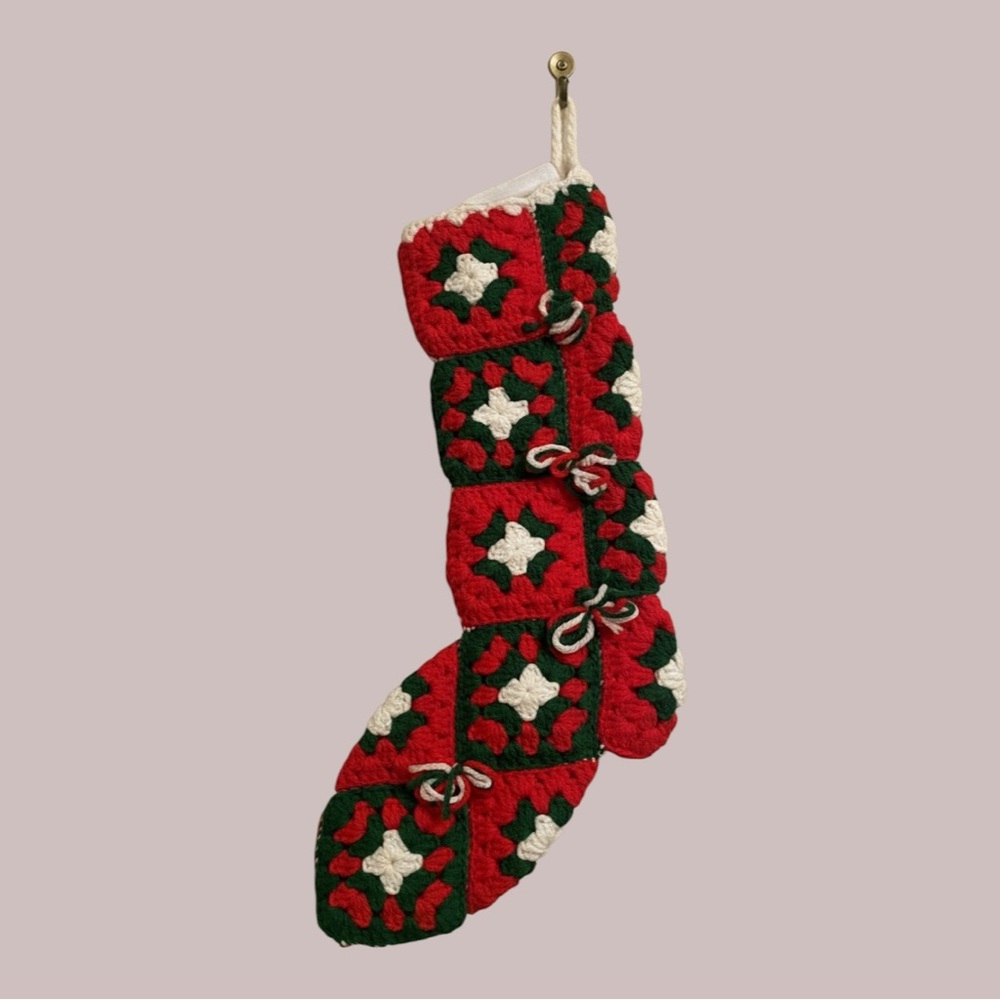 Vintage Red and Green Crochet Holiday Stocking Handmade 1970s